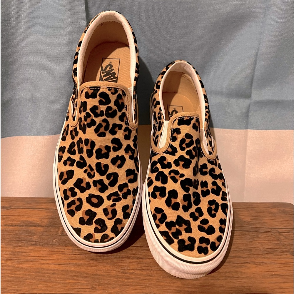 Vans Leopard Print Slip-On Sneakers in Tan and Black